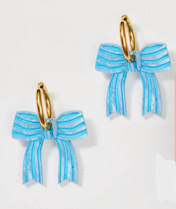 Martha Jean - - Bow Earrings Blue Stripe - Cecil and Gunn